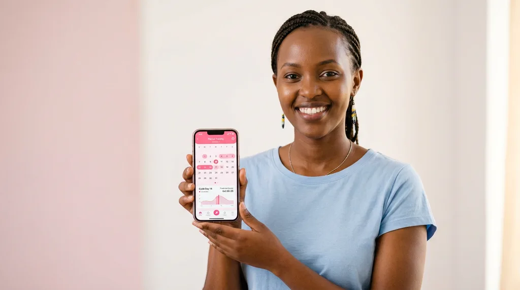 Young woman using the KosmoHealth period tracking app on her phone